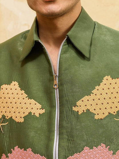 Elegant Regal Green Bomber Jacket with Thread Work and Pant for Mens