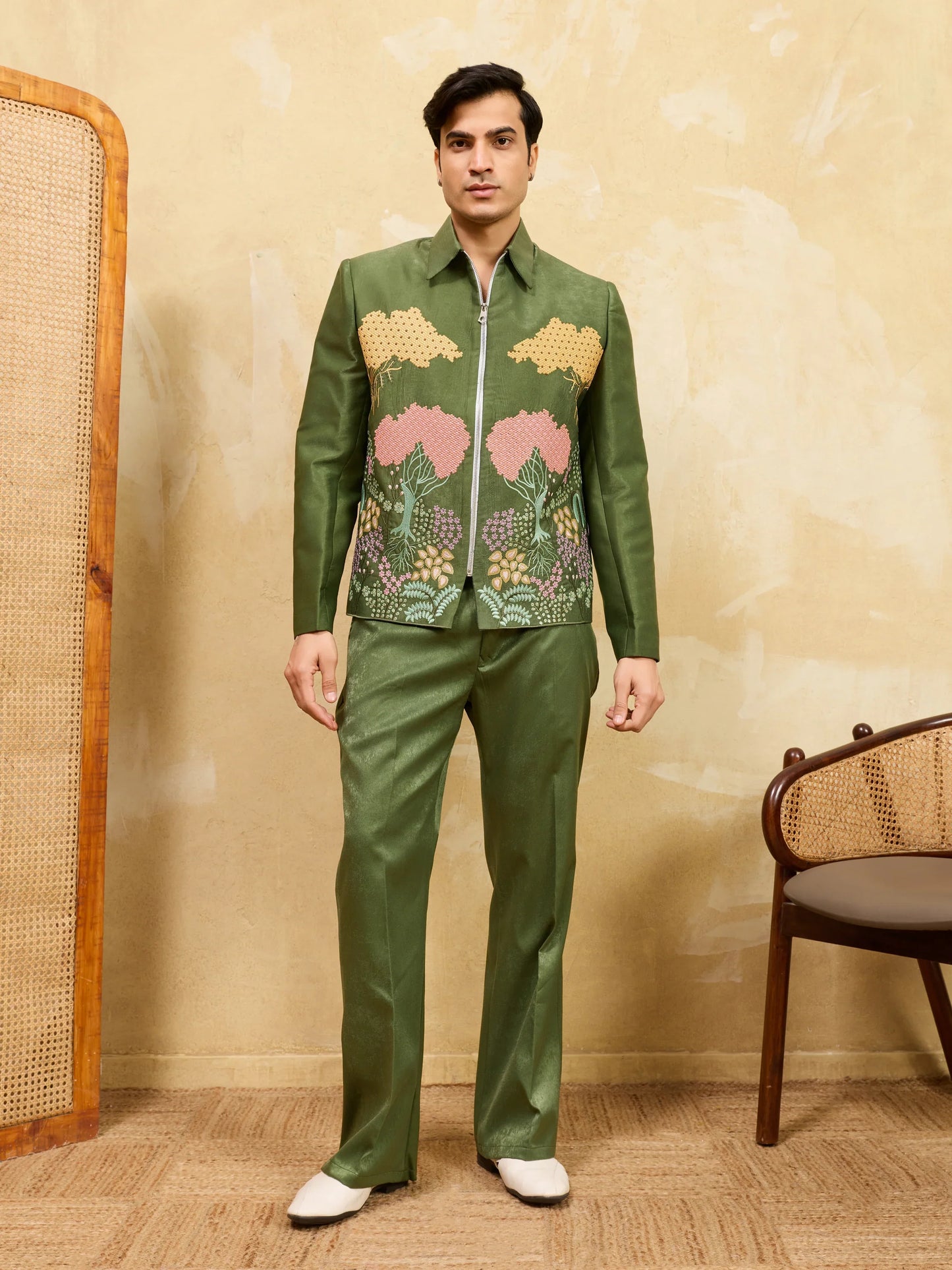 Elegant Regal Green Bomber Jacket with Thread Work and Pant for Mens