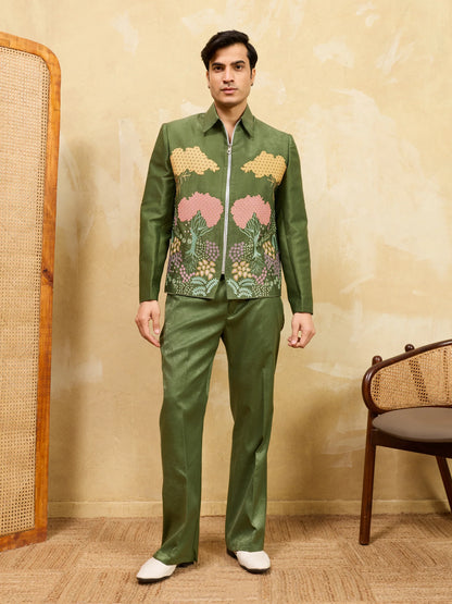 Elegant Regal Green Bomber Jacket with Thread Work and Pant for Mens