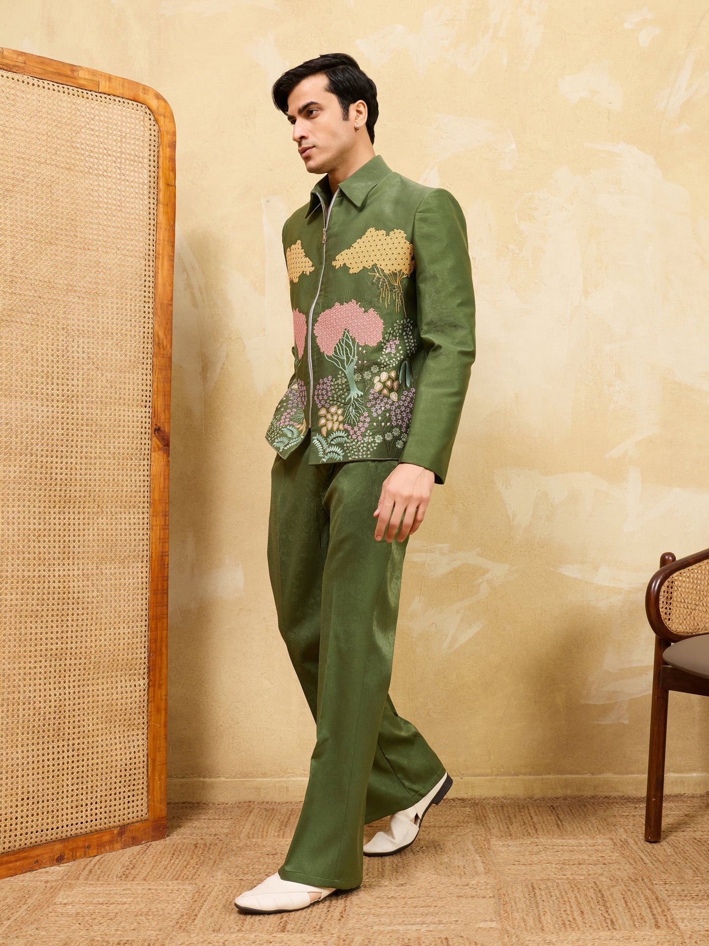Elegant Regal Green Bomber Jacket with Thread Work and Pant for Mens