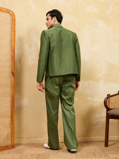 Elegant Regal Green Bomber Jacket with Thread Work and Pant for Mens
