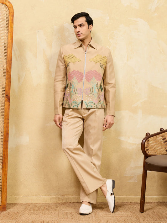 Elegant Beige Bomber Jacket with Embroidered Thread Work and Pant Set for Men
