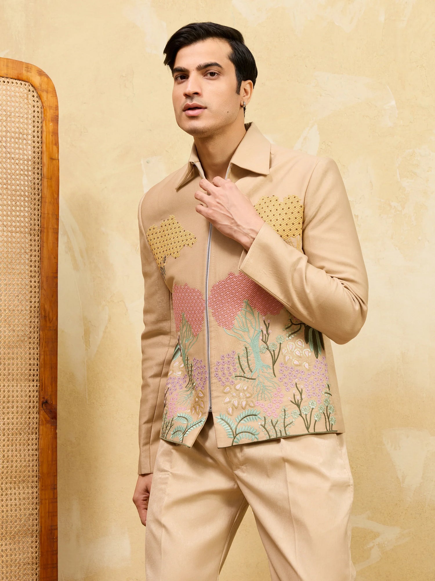 Elegant Beige Bomber Jacket with Embroidered Thread Work and Pant Set for Men