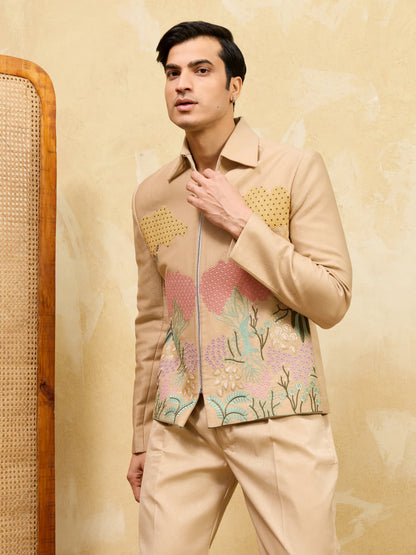 Elegant Beige Bomber Jacket with Embroidered Thread Work and Pant Set for Men