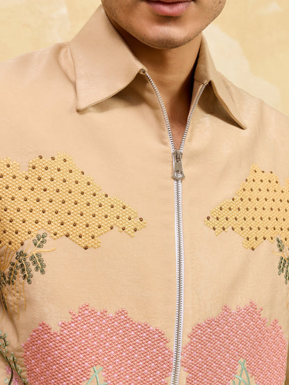 Elegant Beige Bomber Jacket with Embroidered Thread Work and Pant Set for Men