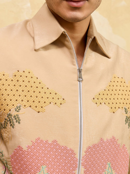 Elegant Beige Bomber Jacket with Embroidered Thread Work and Pant Set for Men