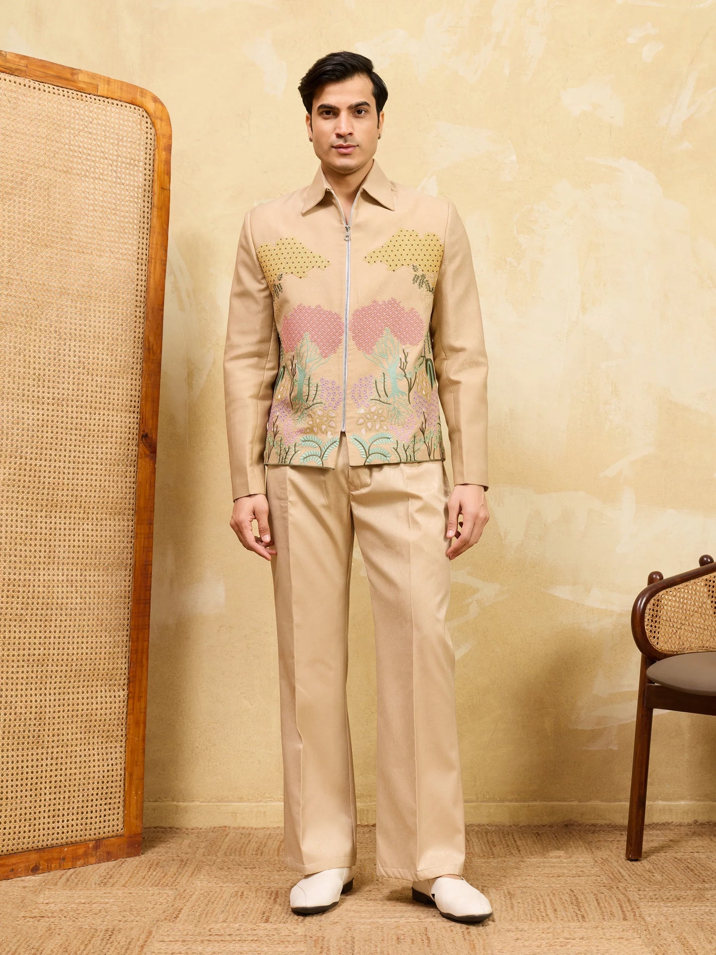 Elegant Beige Bomber Jacket with Embroidered Thread Work and Pant Set for Men