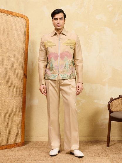 Elegant Beige Bomber Jacket with Embroidered Thread Work and Pant Set for Men