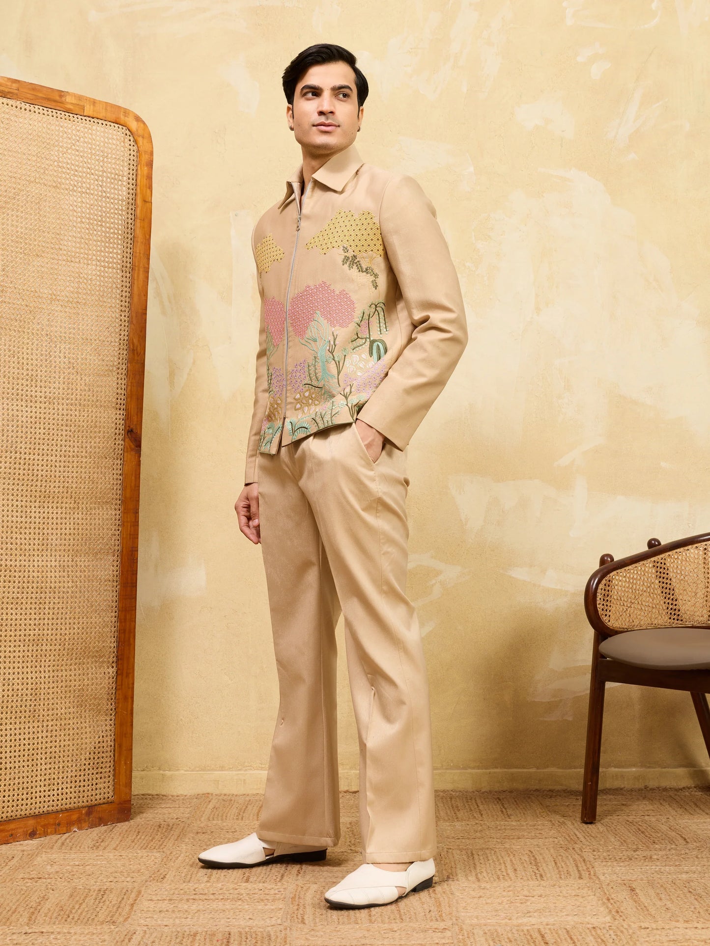 Elegant Beige Bomber Jacket with Embroidered Thread Work and Pant Set for Men