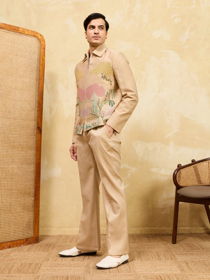 Elegant Beige Bomber Jacket with Embroidered Thread Work and Pant Set for Men