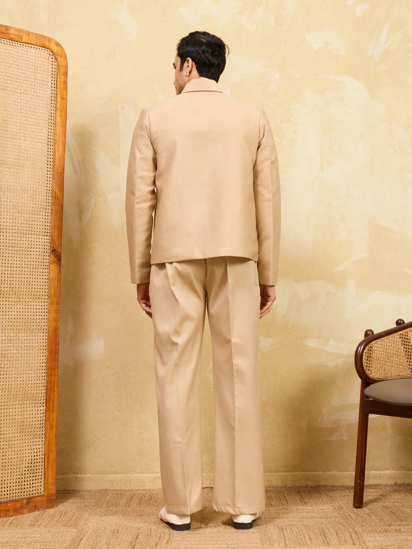 Elegant Beige Bomber Jacket with Embroidered Thread Work and Pant Set for Men
