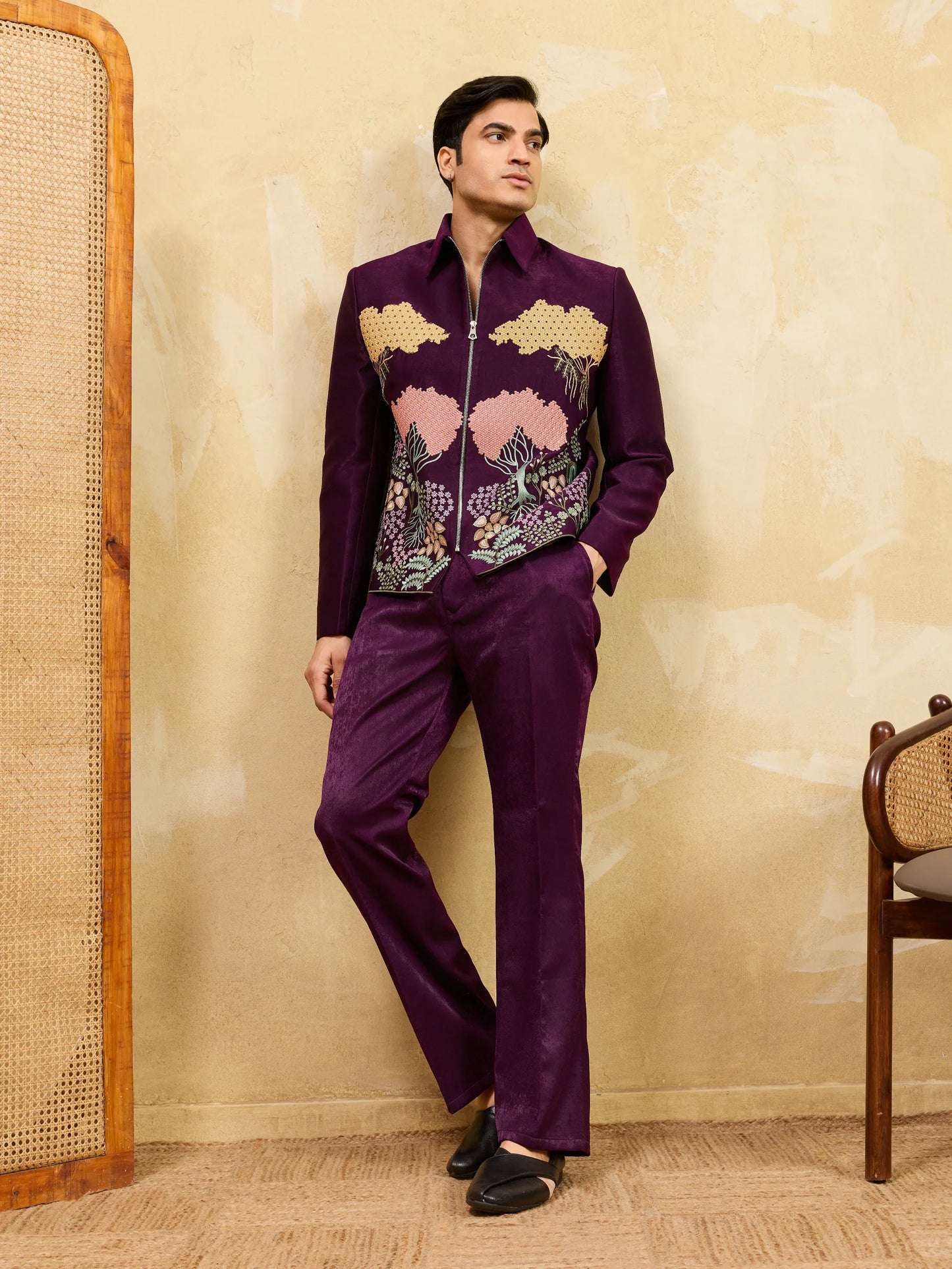 Elegant Stylish Wine Bomber Jacket with Embroidered Thread and Pants for Men