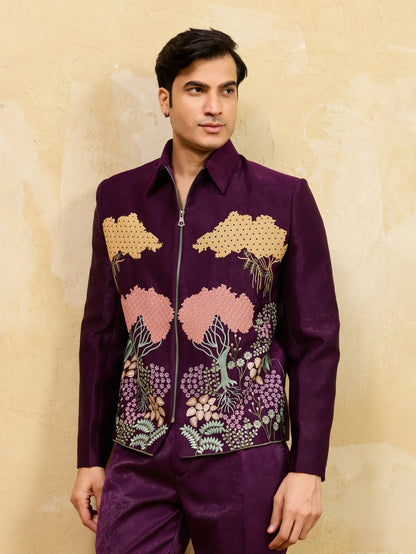 Elegant Stylish Wine Bomber Jacket with Embroidered Thread and Pants for Men