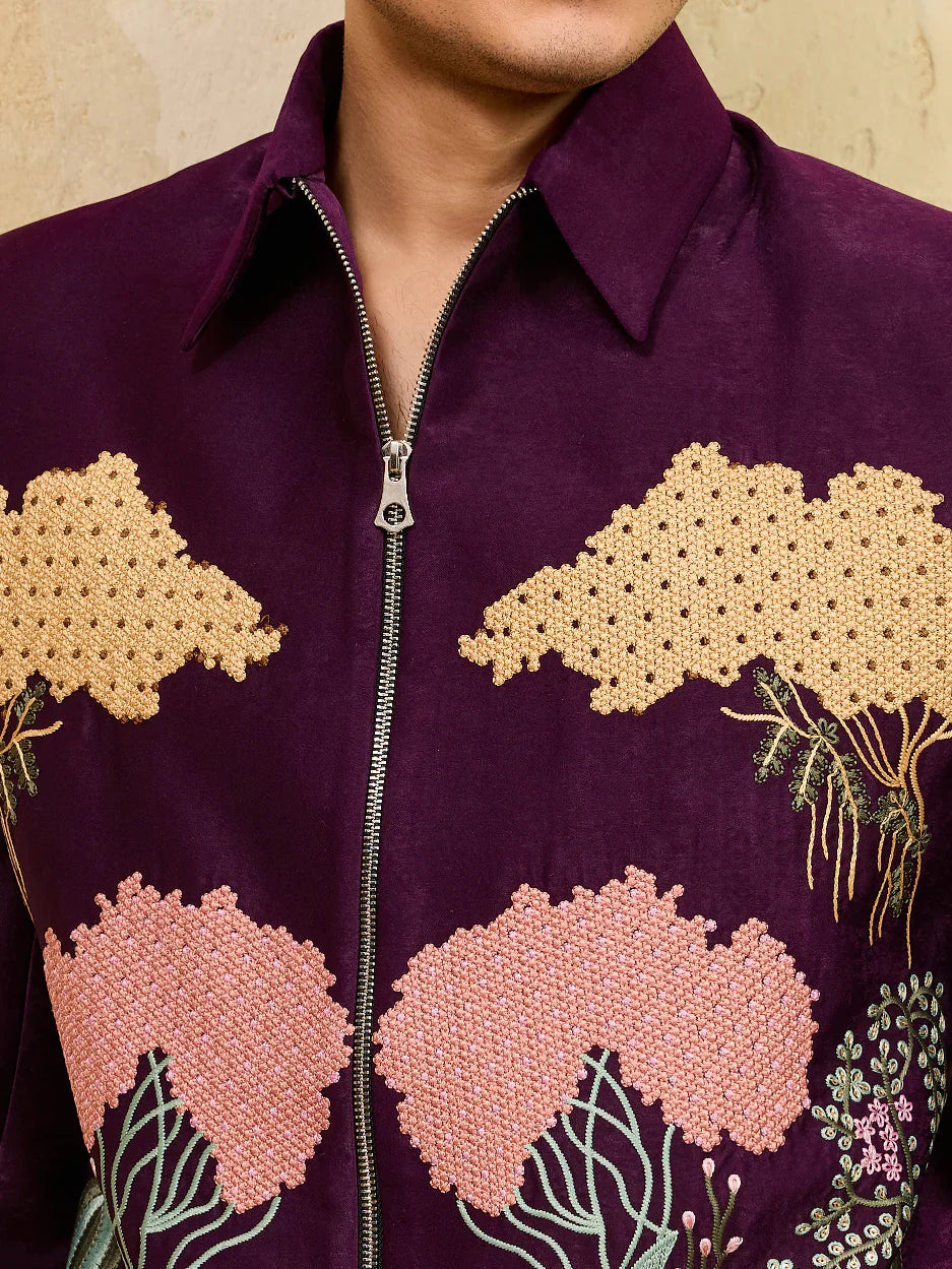 Elegant Stylish Wine Bomber Jacket with Embroidered Thread and Pants for Men
