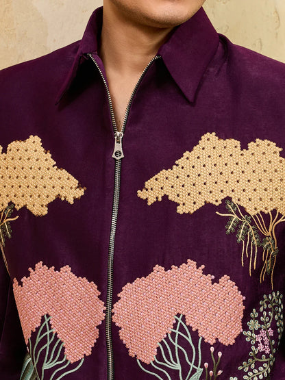 Elegant Stylish Wine Bomber Jacket with Embroidered Thread and Pants for Men