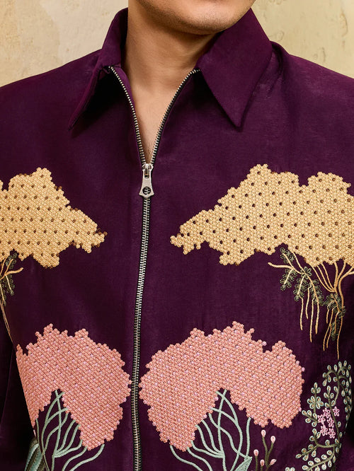 Elegant Stylish Wine Bomber Jacket with Embroidered Thread and Pants for Men