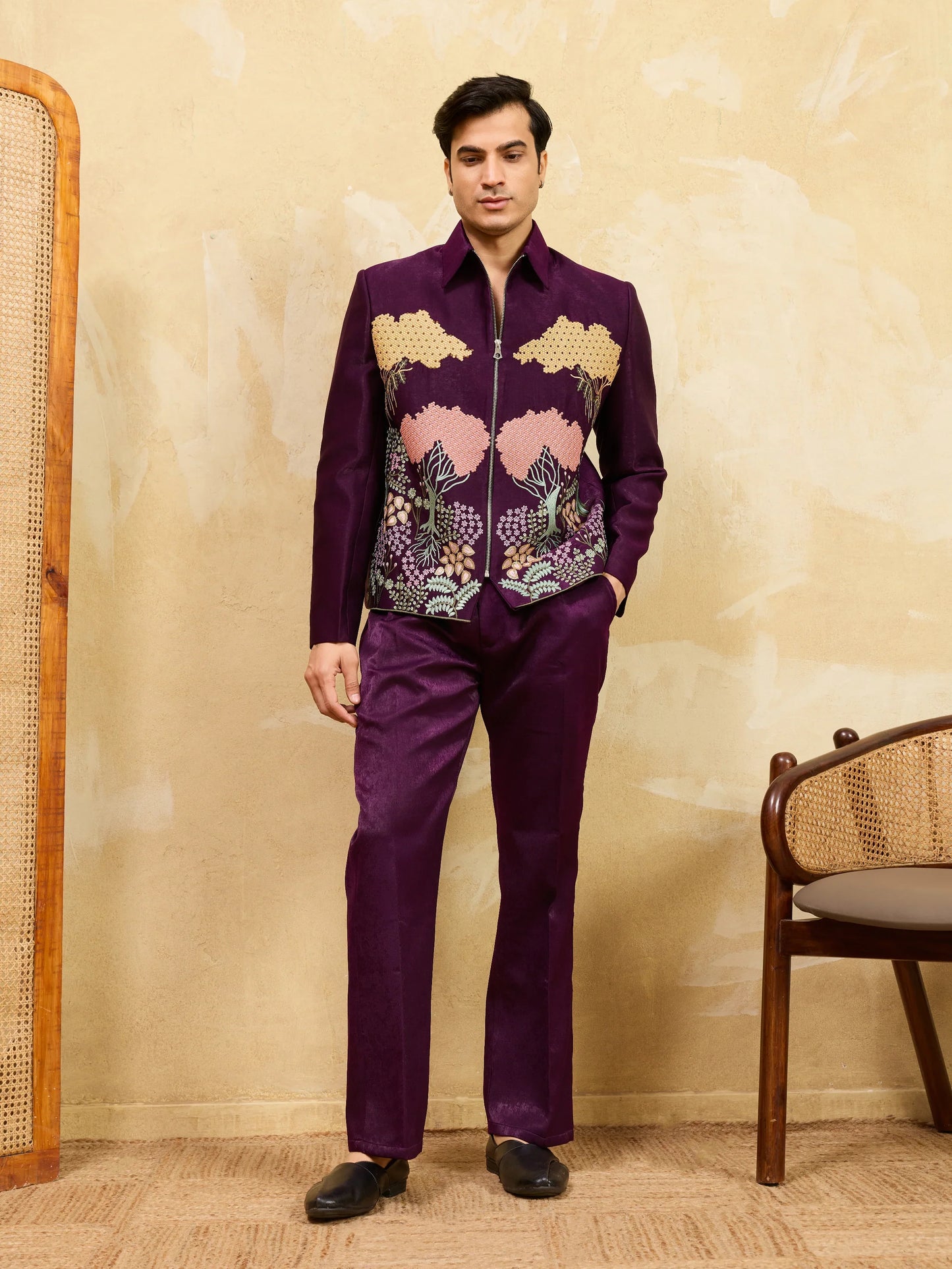 Elegant Stylish Wine Bomber Jacket with Embroidered Thread and Pants for Men