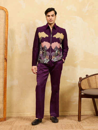 Elegant Stylish Wine Bomber Jacket with Embroidered Thread and Pants for Men