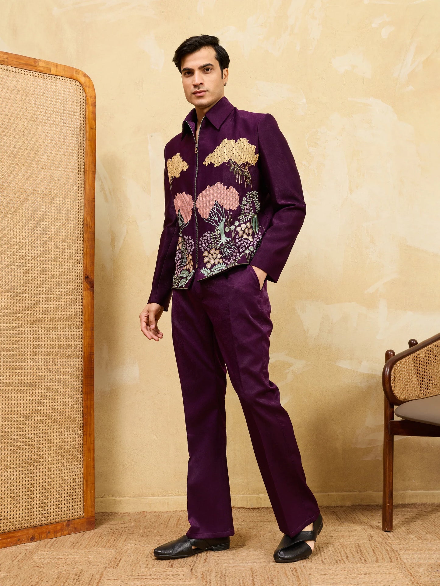 Elegant Stylish Wine Bomber Jacket with Embroidered Thread and Pants for Men