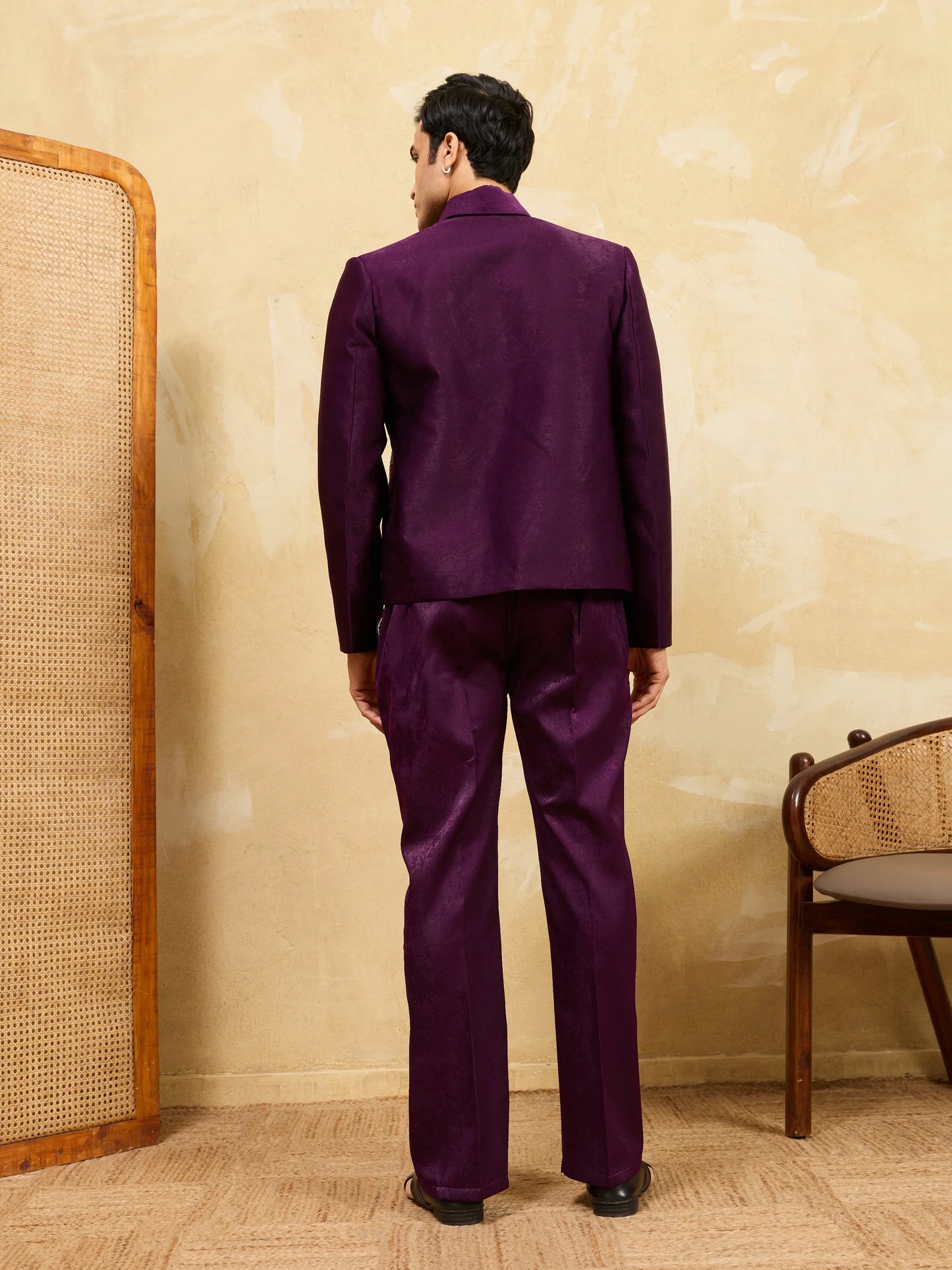 Elegant Stylish Wine Bomber Jacket with Embroidered Thread and Pants for Men