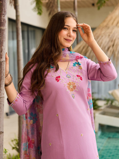 Baby Pink Viscose Gadhwal Embroidered Kurta Pant Dupatta Set