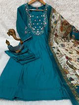 Teal Blue Premium Marina Silk Embroidered Kurti Pant Dupatta Set