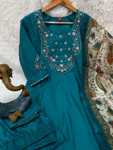 Teal Blue Premium Marina Silk Embroidered Kurti Pant Dupatta Set