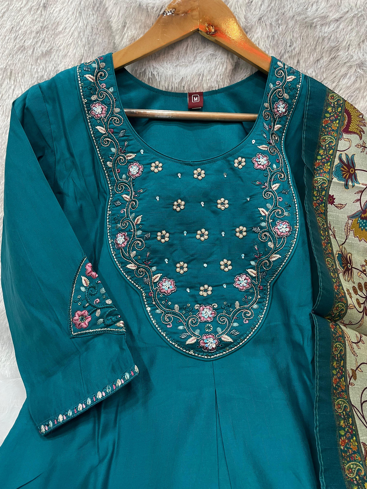 Teal Blue Premium Marina Silk Embroidered Kurti Pant Dupatta Set