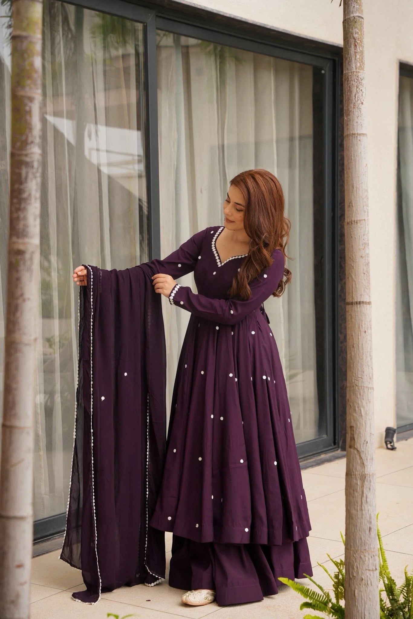 Wine Rayon Designer Embroidered Anarkali Suit Set