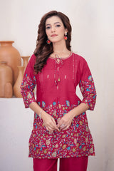 Rani Pink Pure Cotton Printed Co-Ord Set Trendy Women’s Top & Bottom Set