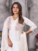 Off White Roman Silk Embroidered Kurti Pant Dupatta Set