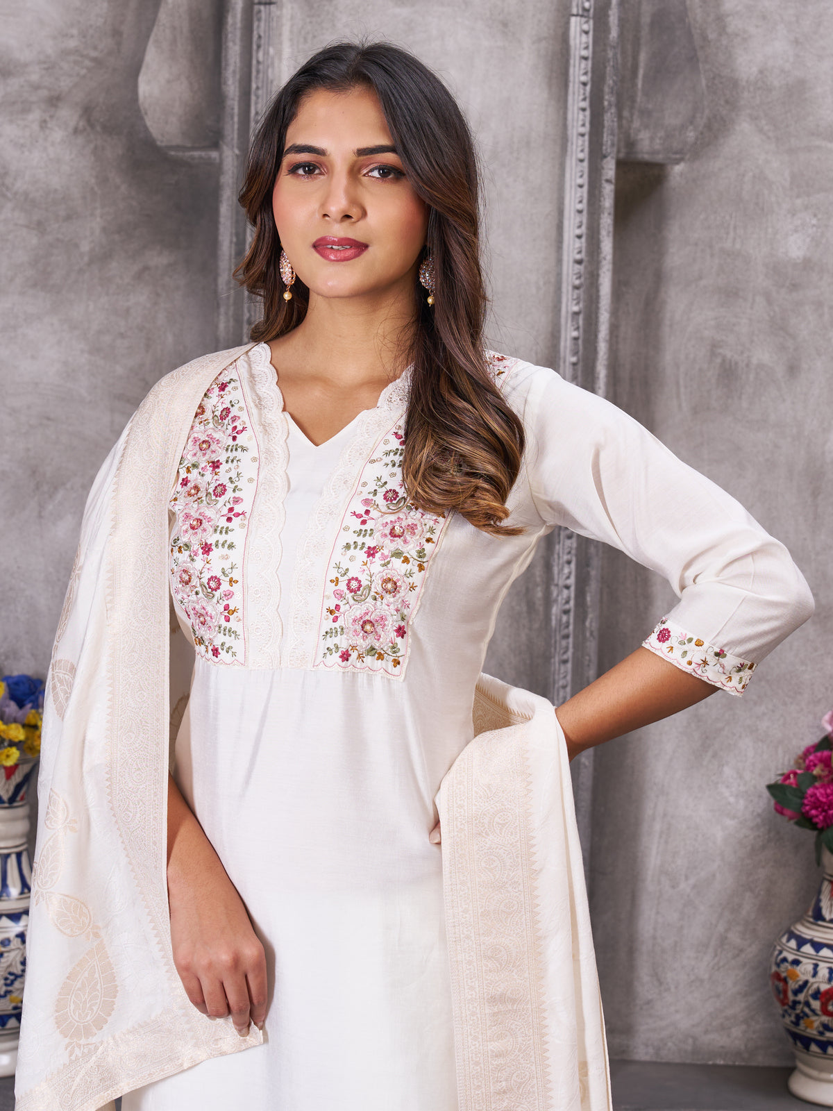 Off White Roman Silk Embroidered Kurti Pant Dupatta Set