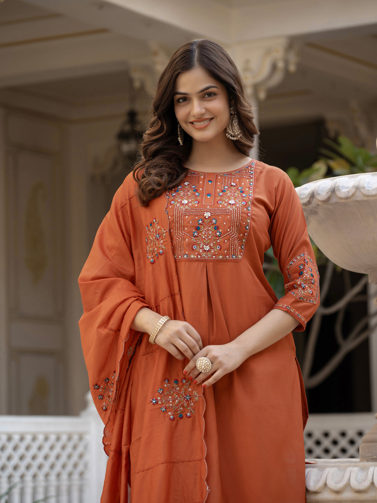Rust Viscose Mango Silk Embroidered Kurti Set