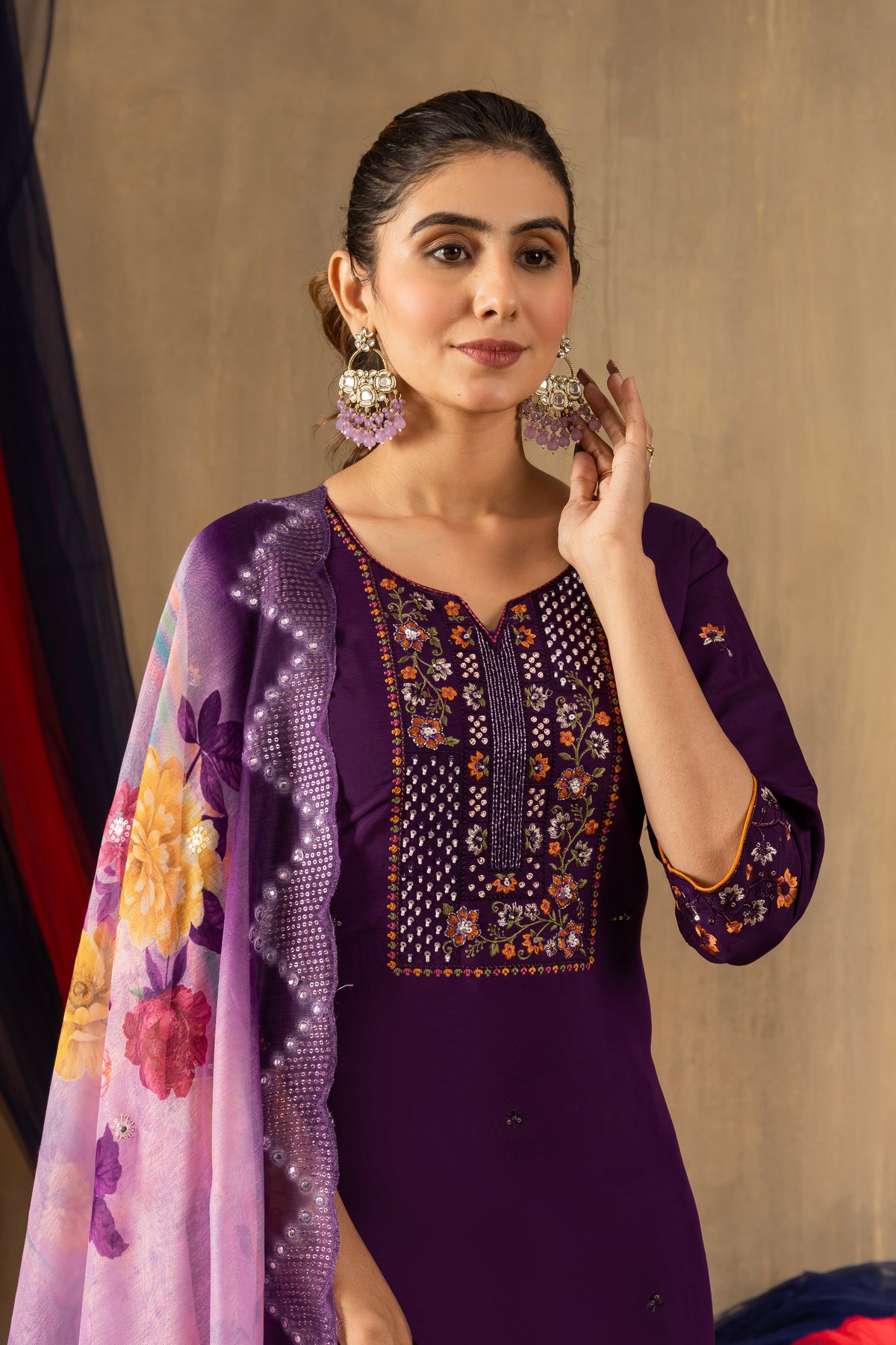 Purple Roman Silk Multi Embroidered Suit Set
