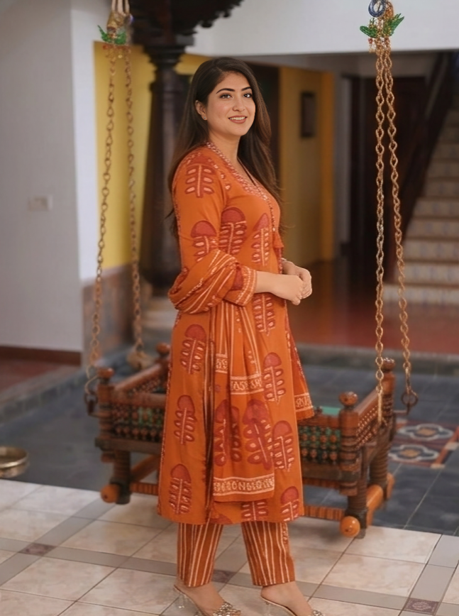 Orange Jaipuri Block Print Mul Cotton Suit