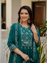 Teal Viscose Roman Silk Anarkali Kurti Pant Set