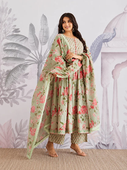 Floral Jaipuri Cotton Flared Anarkali Suit Set