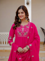 Pink Viscose Mango Silk Embroidered Kurti Set