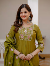 Mehndi Green Viscose Mango Silk Embroidered Kurti Set