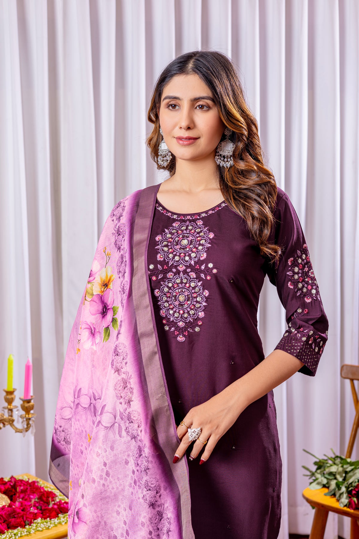 Elegant Wine Viscose Silk Embroidered Kurta Set