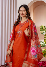 Orange Marina Viscose Silk Multi Embroidered Suit Set
