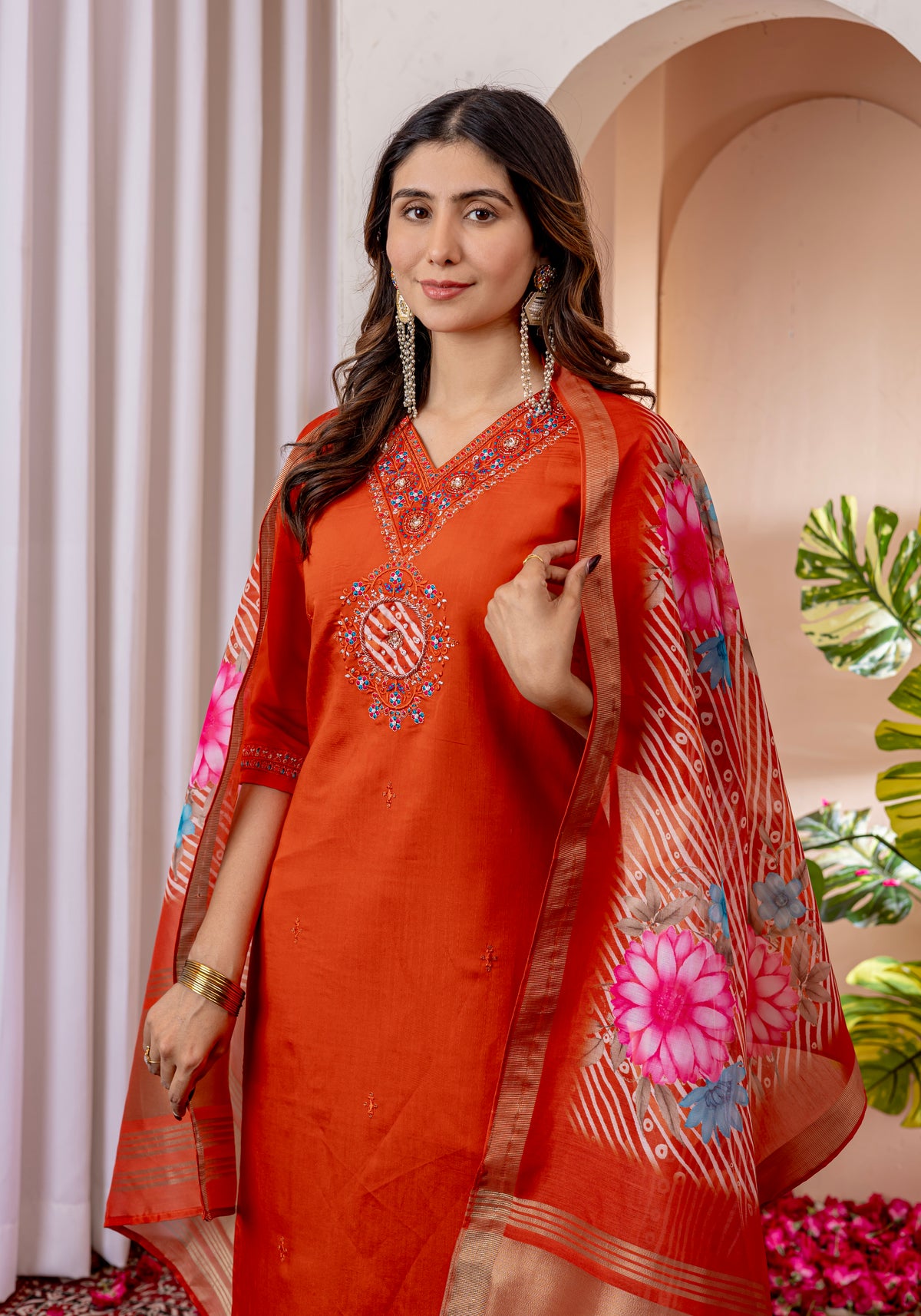 Orange Marina Viscose Silk Multi Embroidered Suit Set