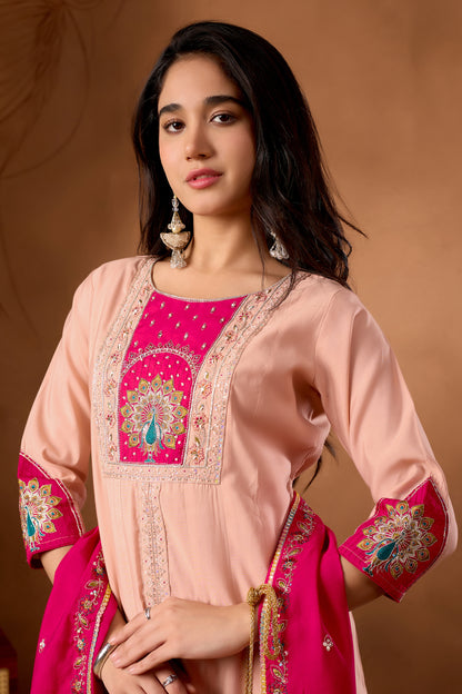 Elegant Peach Roman Silk Kurti Set