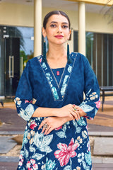 Elegant Blue Pure Cotton Floral Co-ords Set