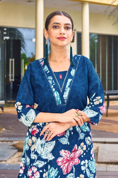 Elegant Blue Pure Cotton Floral Co-ords Set