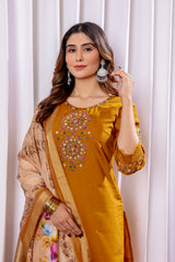 Elegant Mustard Viscose Silk Embroidered Kurta Set