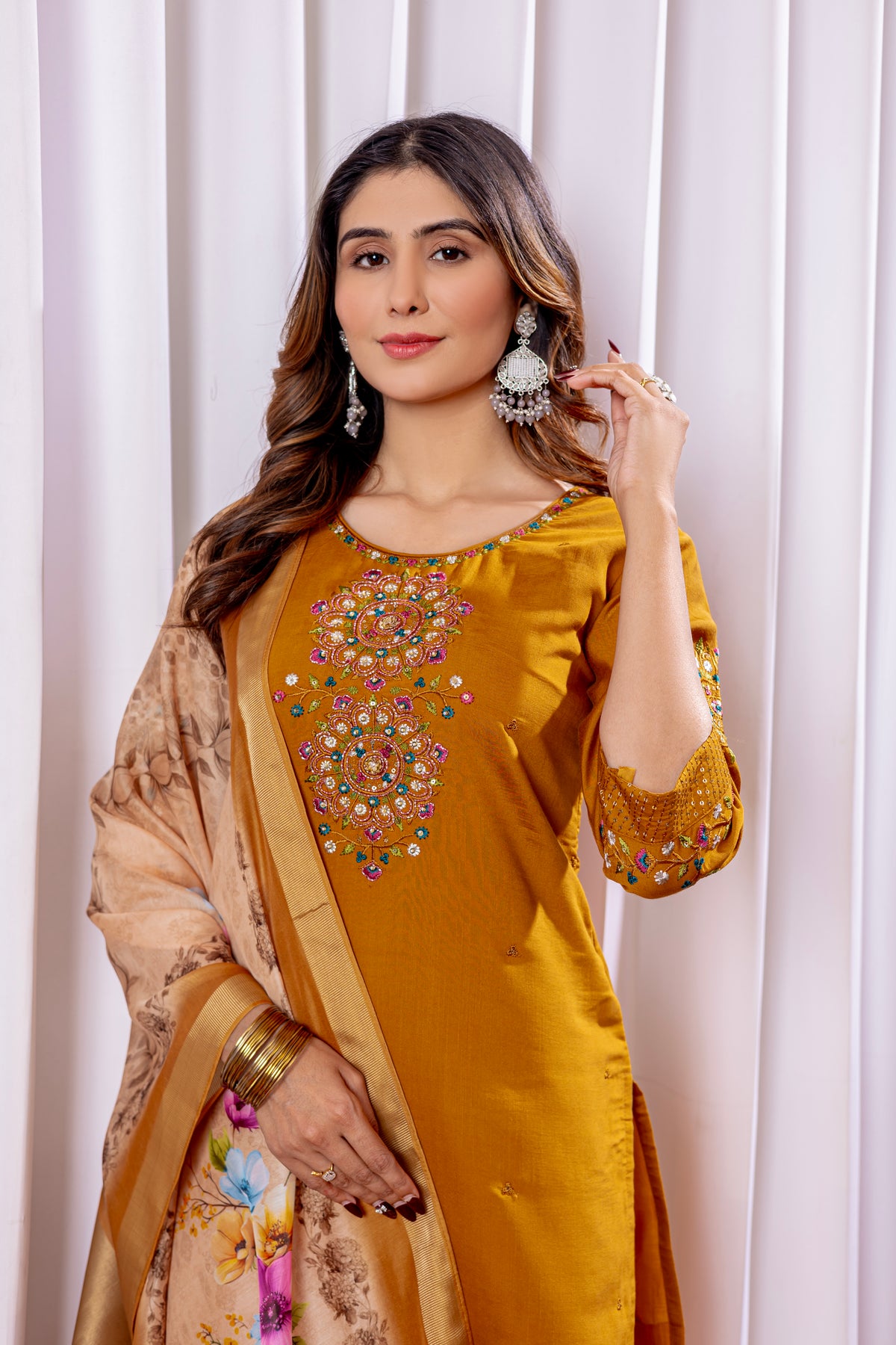 Elegant Mustard Viscose Silk Embroidered Kurta Set