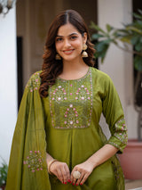 Mehndi Green Viscose Mango Silk Embroidered Kurti Set
