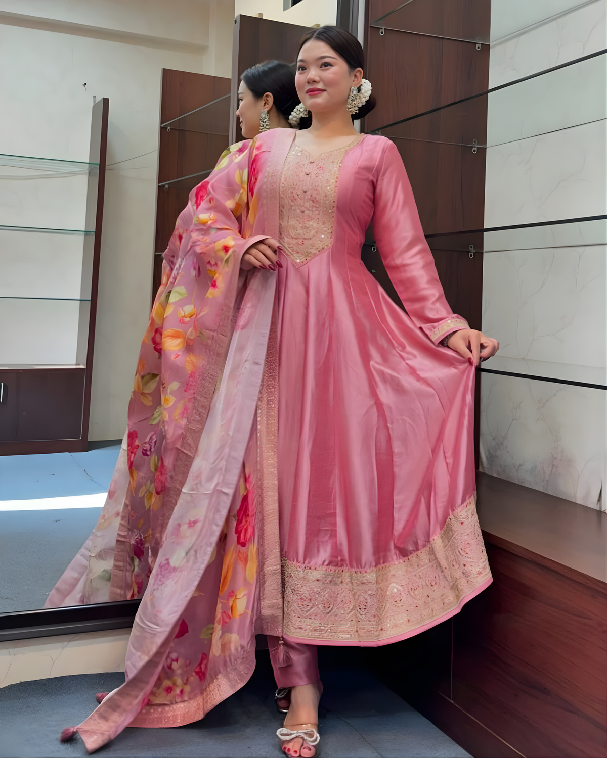 Blush Pink Anarkali Kurti Pant Dupatta Set