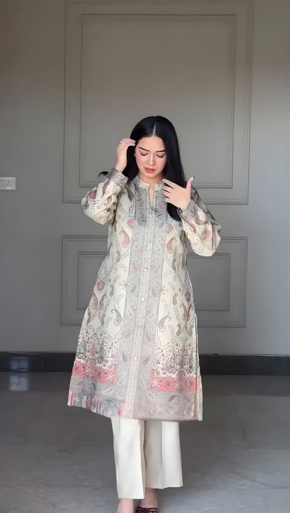 Beige Pastel Printed Kurti Pant Dupatta Set
